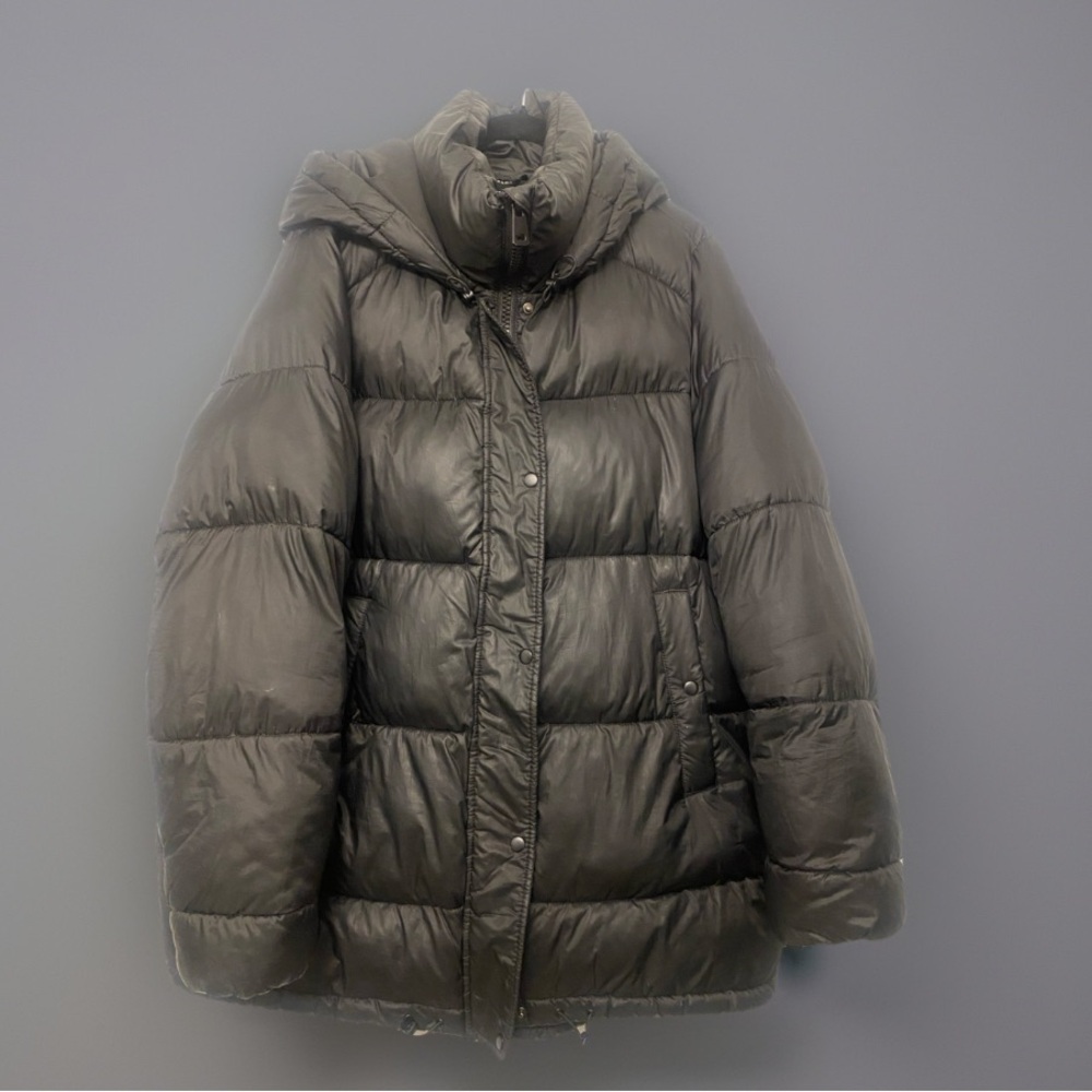 ZARA Trafaluc Women’s Black Puffer Jacket Large Hooded Quilted Mid Thigh Coat - Picture 3 of 10